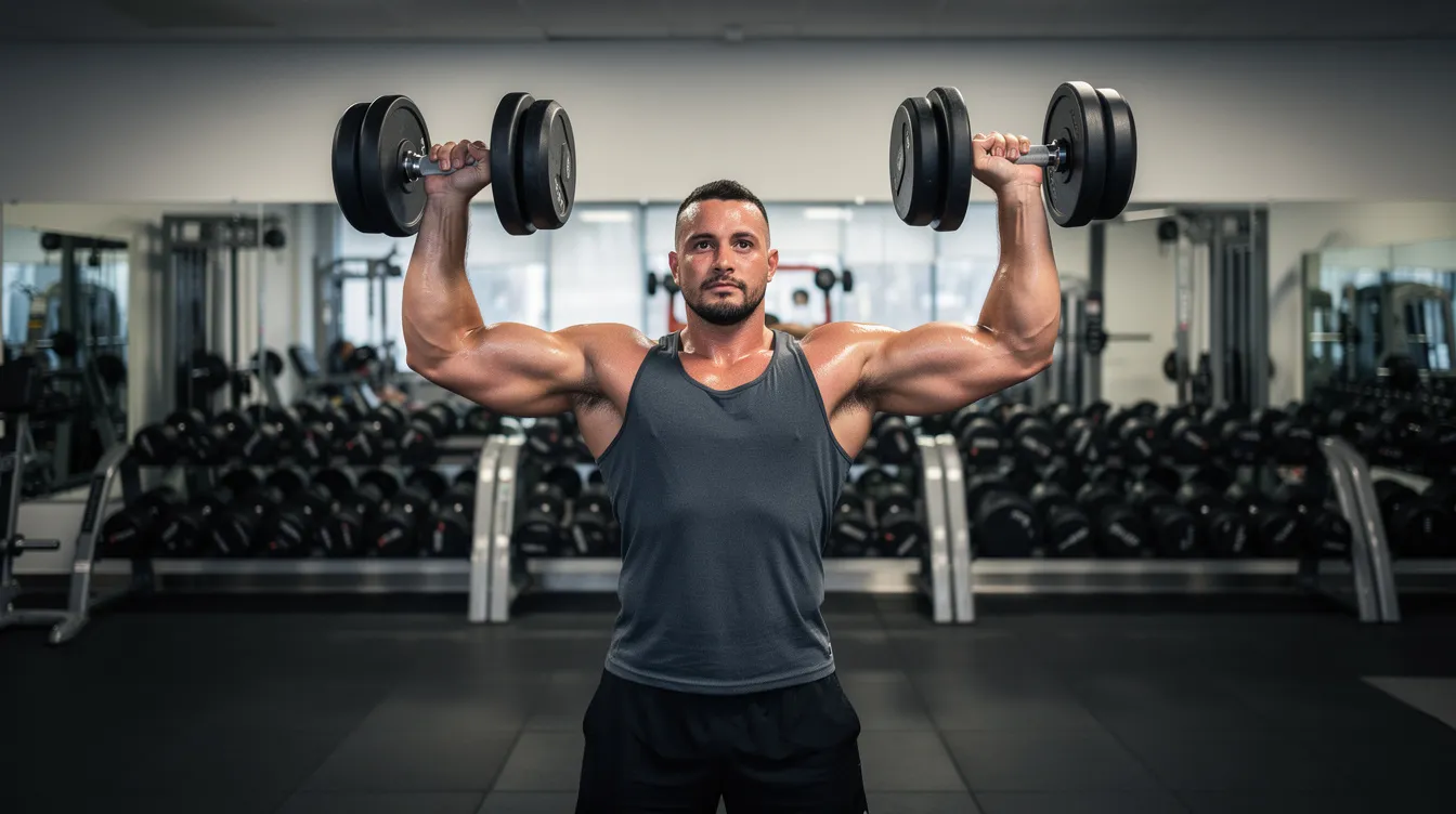 A man is lifting weights in a gym, focusing on building muscle definition and maintaining a healthy lifestyle. This exercise routine can complement male liposuction procedures for removing stubborn fat deposits and achieving a more masculine physique.