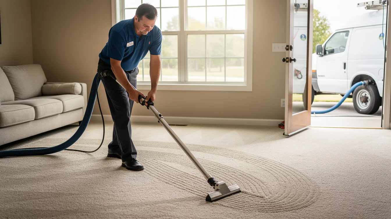 Cleaning wand on a light beige carpet in a residential room.