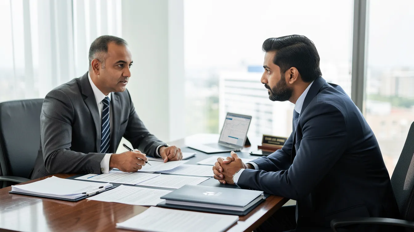 1497f722 16df 4483 814f db7b92d87d12 The image shows an Indian entrepreneur engaged in a discussion with a bank officer at a desk, surrounded by various documents including a business plan, financial statements, and a detailed project report. The setting suggests a focus on loan approval processes, specifically for a mudra loan application, as they review the repayment plan and project costs.