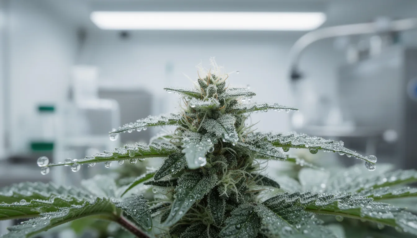 Die Nahaufnahme zeigt eine Cannabis-Pflanze mit sichtbaren Trichomen in einem modernen Labor, was die chemische Struktur und die psychoaktiven Eigenschaften der Cannabinoide wie Delta 9 THC verdeutlicht. Diese detaillierte Ansicht ermöglicht Einblicke in die Forschung zu cannabinoid Rezeptoren und deren Wirkung auf das endocannabinoid System.