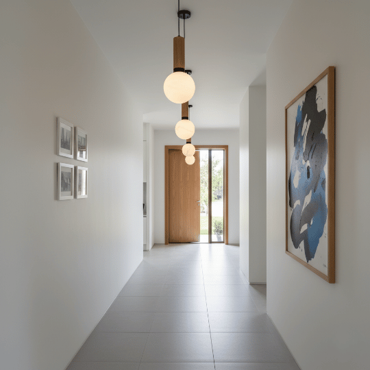 Evenly spaced globe pendants drawing the eye forward through a bright passage.