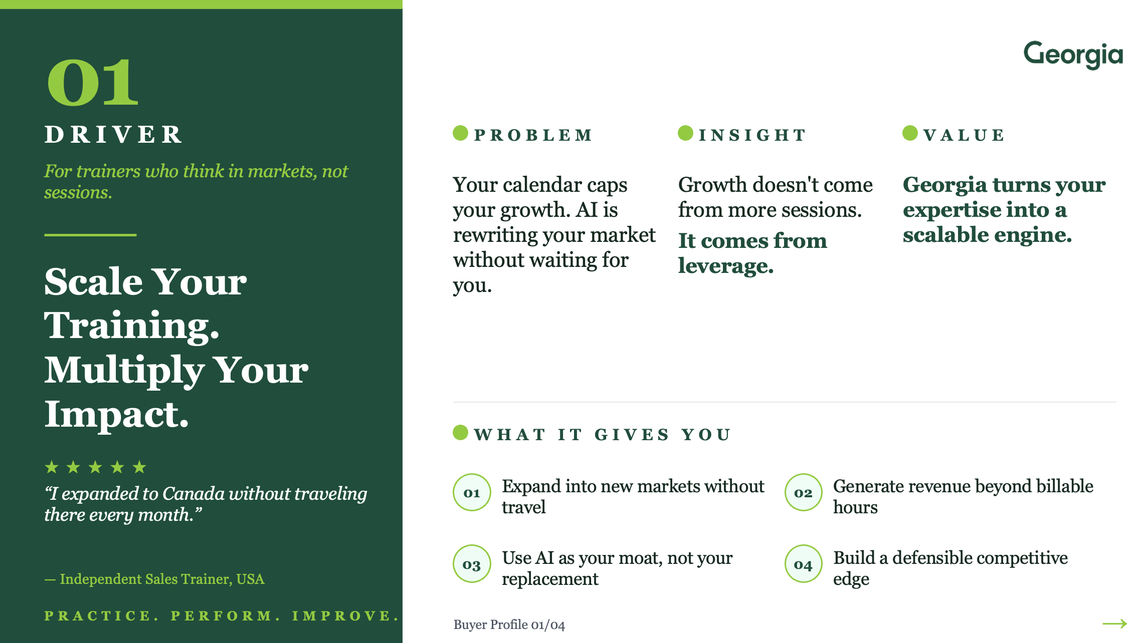 driver buyer profile pitch built around scale leverage and speed