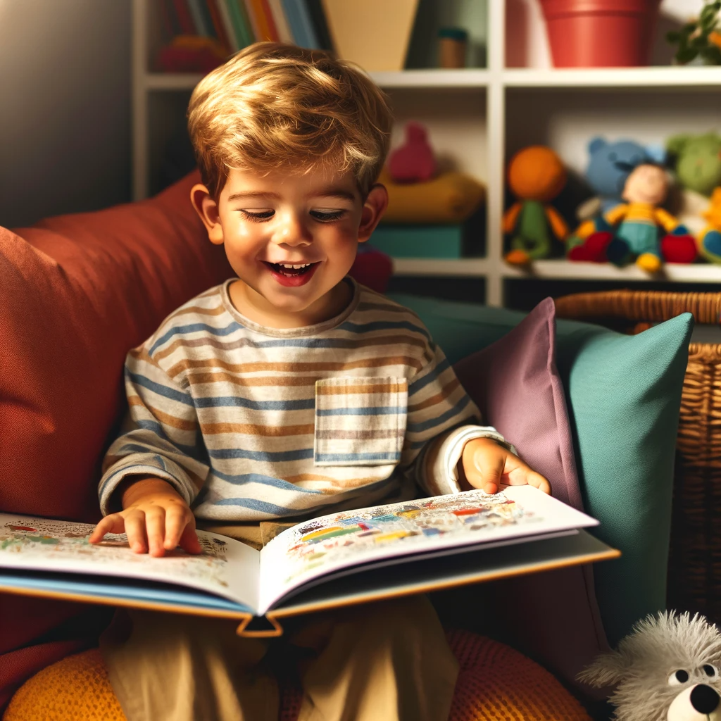 A kid reading a book, having fun and enjoying quality time