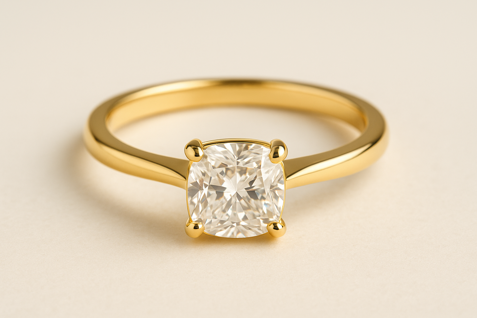 Sužadėtuvių žiedas iš geltono aukso su pagalvėlės formos (cushion cut) deimantu, solitaire dizainas, spindintis deimantas ant šviesaus fono.