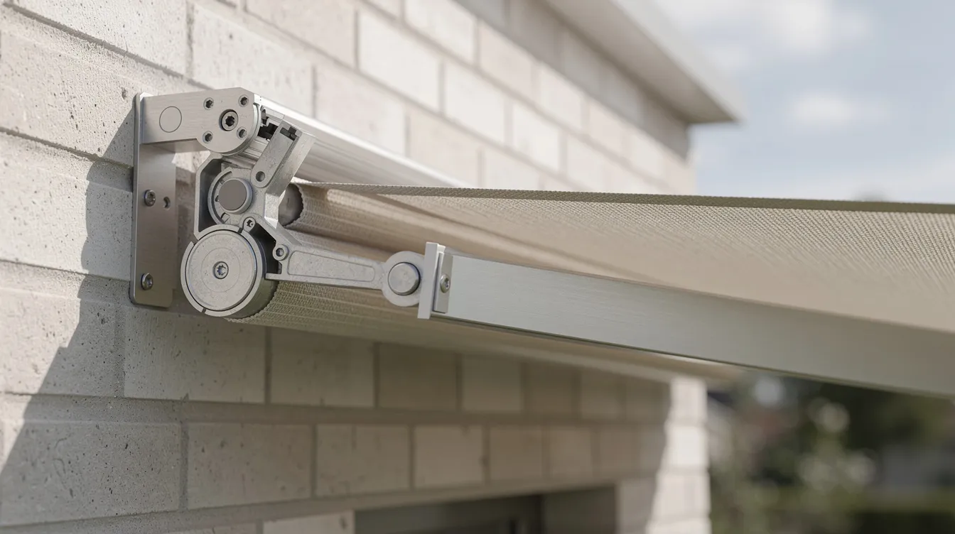 A close-up view of a modern motorized retractable awning mechanism attached to a clean brick wall, showcasing its high-grade extruded aluminum lateral arm and smooth motorized track. The premium weather-resistant acrylic fabric is illuminated by bright natural sunlight, emphasizing the awning's durability and design, ideal for enhancing outdoor spaces while blocking direct sunlight.