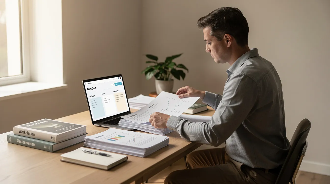 Een ondernemer organiseert zijn werkbladen, boeken en laptop op een rustige werkplek, omringd door een serene sfeer die productiviteit bevordert. De opgeruimde ruimte straalt focus en professionaliteit uit, ideaal voor het uitvoeren van taken en het gebruik van ai-tools.