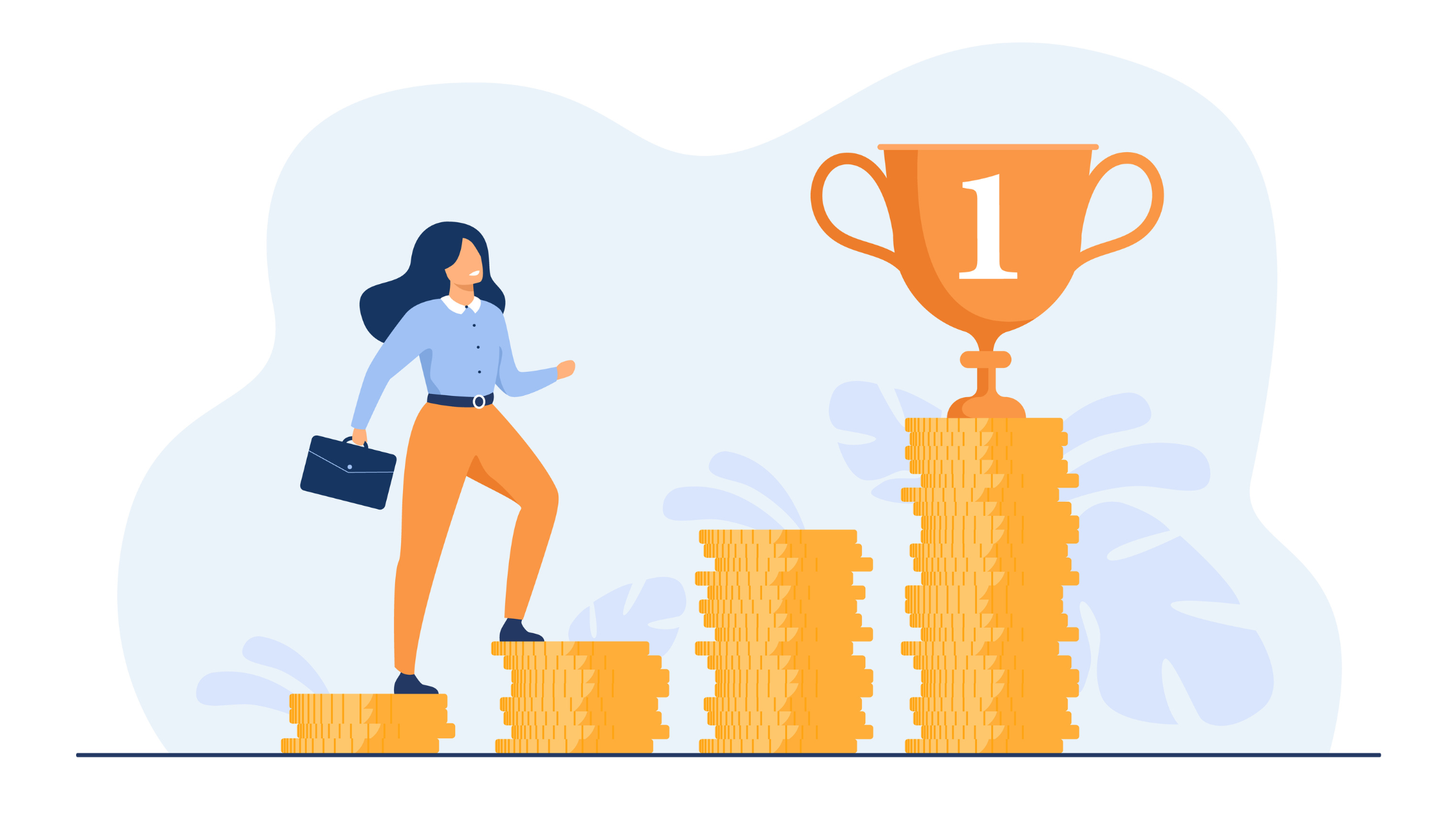 Confident businesswoman climbs stacks of gold coins toward a large number-one trophy, representing the measurable success and standout value of Simplicity VoIP's solutions.
