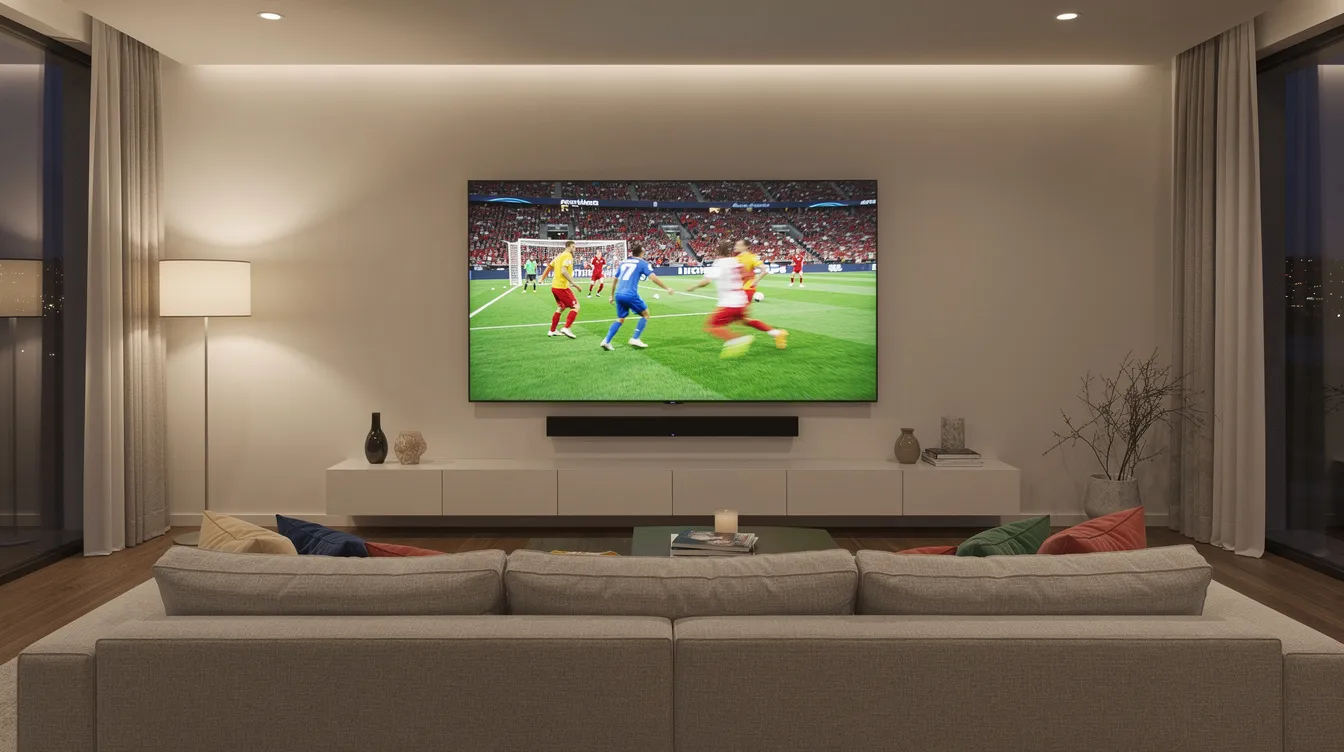 Un salon moderne avec un canapé confortable au premier plan, où une grande télévision murale affiche un match de football en haute définition. L'image évoque une expérience de visionnage immersive, idéale pour profiter des chaînes sportives comme Bein Sports grâce à un abonnement IPTV.