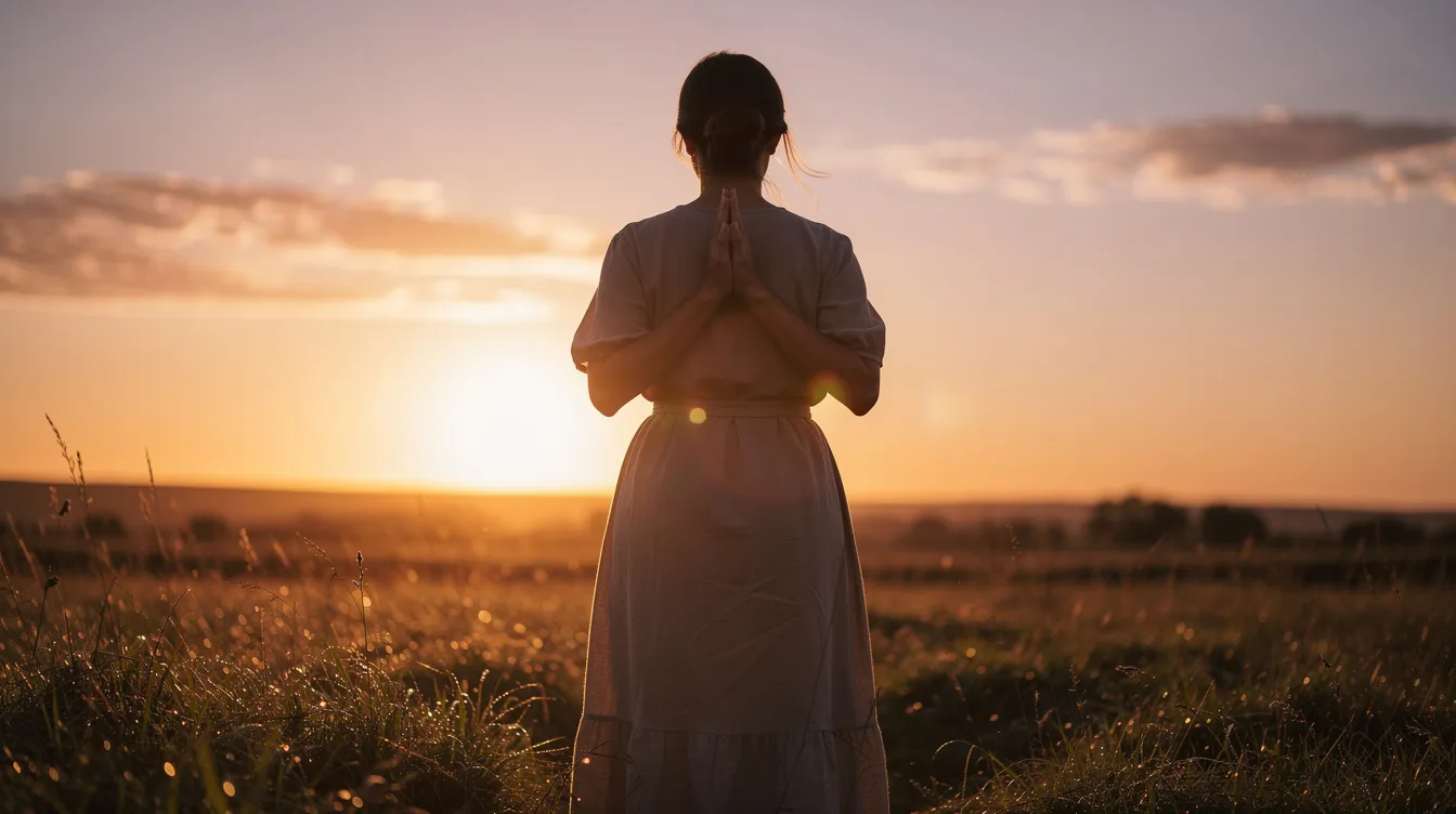 A person stands outdoors at sunrise with their hands clasped in prayer, embodying the spirit of the Shema Yisrael, a central prayer in Jewish worship that emphasizes loving God with all your soul. The serene atmosphere reflects the beauty of faith and spiritual worship, connecting the individual to Jewish tradition and the essence of God's love.