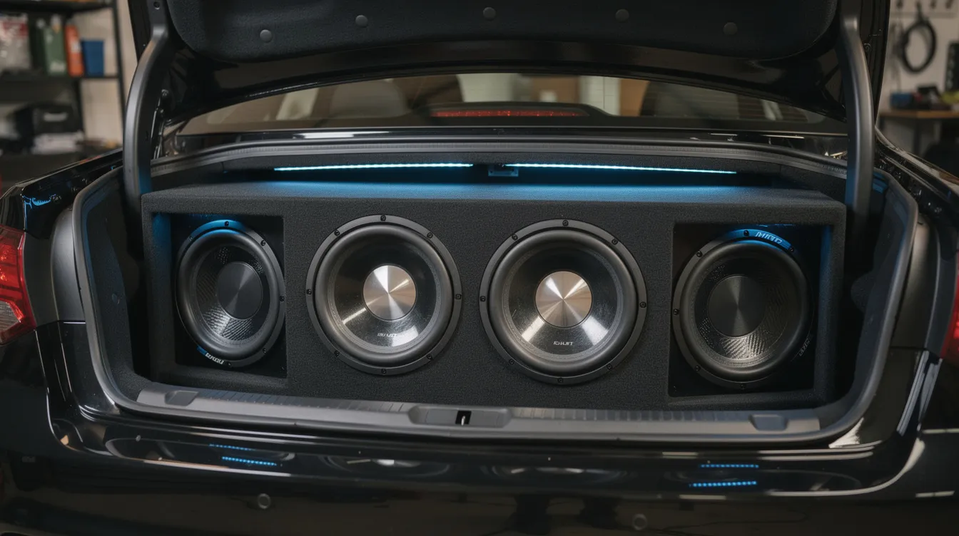 The image shows an opened car trunk featuring a custom subwoofer enclosure, prominently displaying sundown audio woofers with heavy duty cast baskets. The setup is designed for high performance, showcasing the extended pole pieces and ported box with vent channels for optimal sound quality.