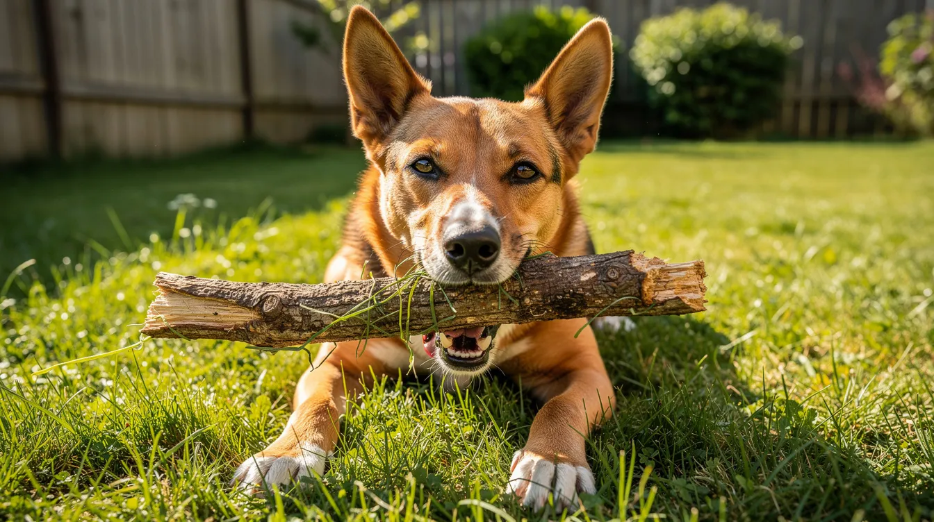 A happy dog is outdoors in a grassy yard, enthusiastically chewing on a thick stick, showcasing its strong chew power. This scene highlights the joy of dogs engaging with long-lasting chews, like bully sticks, which many dog owners offer to keep their furry friends busy and satisfied.