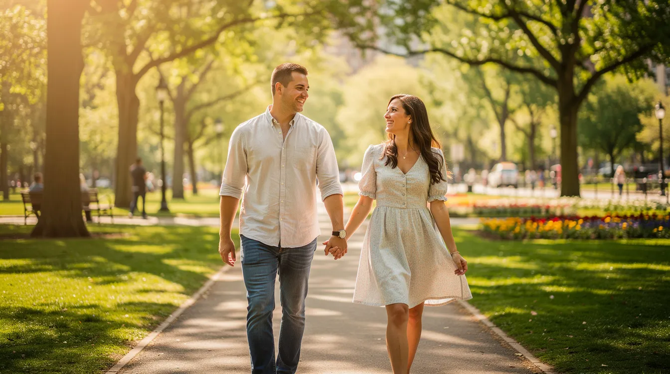 A happy couple strolls hand in hand through a sunlit park, enjoying their time together and engaging in meaningful conversation. Their laughter and smiles reflect the joy of a healthy relationship, as they share stories and favorite memories, creating an authentic connection.