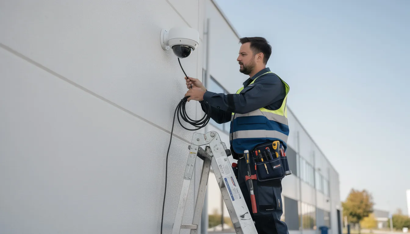 A technician in work clothing is installing a security camera on the exterior wall of a building, holding a cable in hand. This image highlights the professional installation of outdoor security cameras, essential for enhancing surveillance in residential and commercial properties.