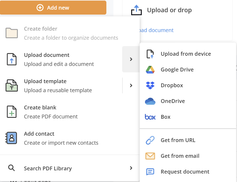pdfFiller Add New menu showing options to upload a document from device, Google Drive, Dropbox, OneDrive, Box, URL, or email.