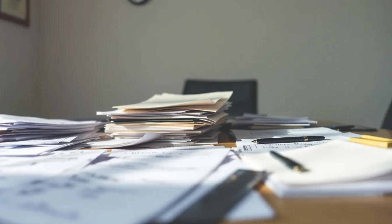 Uma mesa está coberta com diversos documentos e formulários organizados, relacionados à transmissão de bens imóveis, incluindo informações sobre isenção do ITBI e valores venais. Os papéis são essenciais para a verificação de direitos e obrigações de pessoas físicas e jurídicas no processo de aquisição de imóveis.