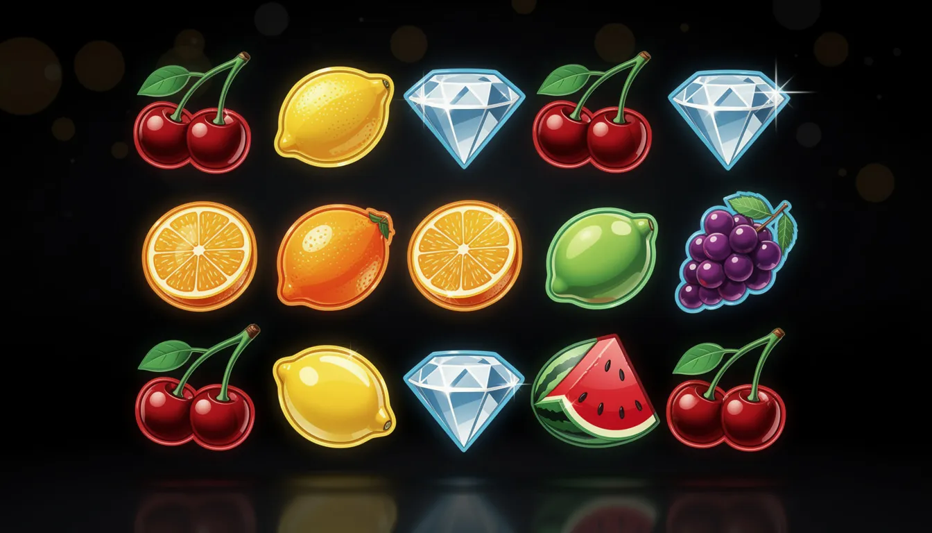 En färgglad samling av spelautomatsymboler som inkluderar olika frukter och diamanter, vilket skapar en livlig och inbjudande atmosfär för spelare. Dessa symboler är populära bland svenska spelare och används ofta i online casinon utan svensk licens för att locka till sig nya spelare med bonusar och kampanjer.