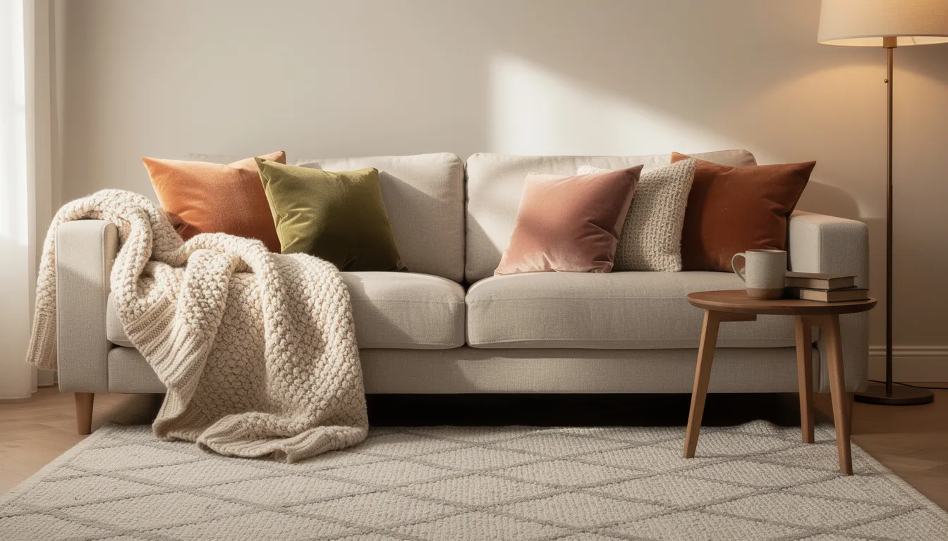 Een gezellige zithoek met een comfortabele bank, omringd door gelaagde textiel zoals sierkussens en een zachte plaid, op een mooi vloerkleed. De combinatie van donkere en groene tinten creëert een uitnodigende sfeer in deze moderne woonkamer, perfect voor ontspanning.