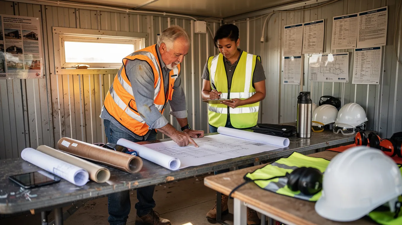 A mentor and a younger construction professional are collaborating on blueprint reading at a job site trailer, surrounded by hard hats and safety equipment. This scene highlights the essential skills and leadership development necessary for success in the construction industry.