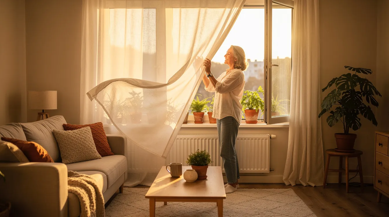 A homeowner is opening a window in a warm and sunny living room, inviting fresh air to flow in as the curtains gently billow with the breeze. This scene emphasizes the importance of good indoor air quality, promoting a healthy and inviting home environment.