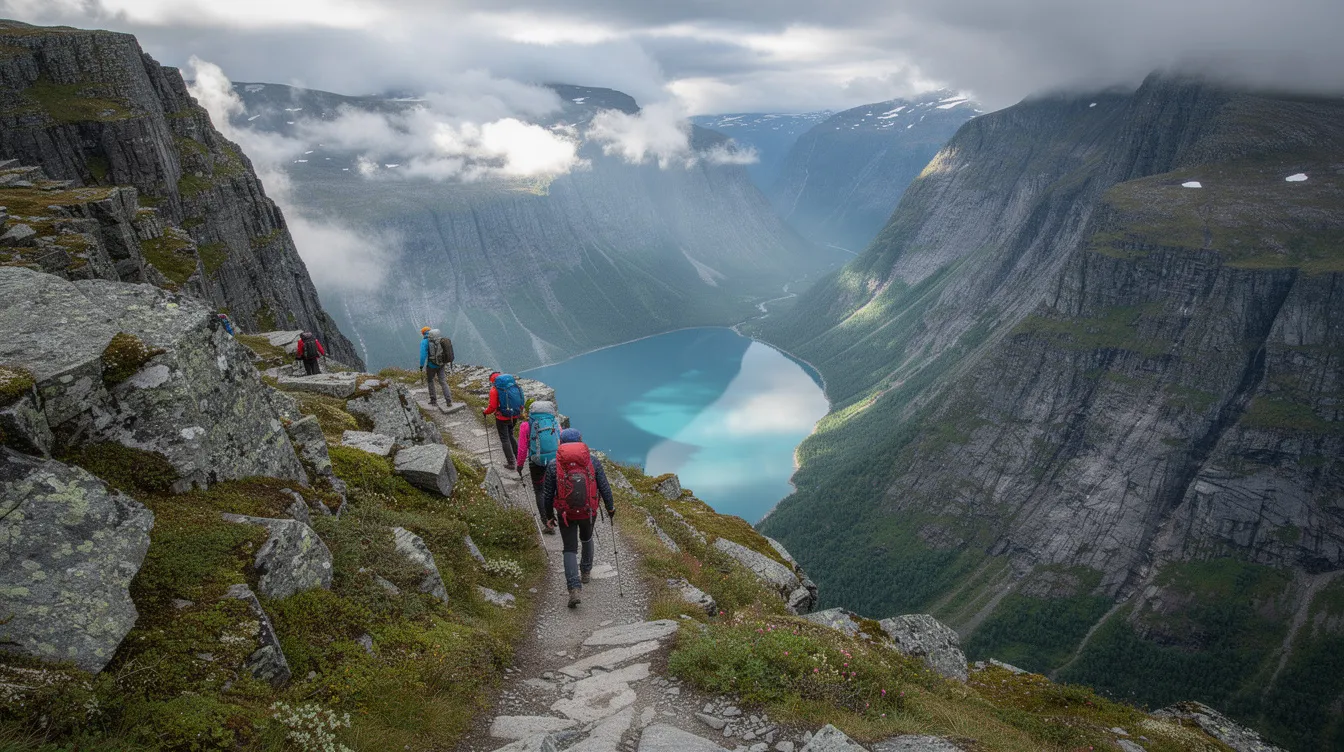 A group of hikers, representing friendly Norwegian culture, walks along a scenic mountain trail in Norway, with a breathtaking view of a dramatic valley and a shimmering lake below. This stunning natural landscape highlights the outdoor activities that many Norwegians enjoy, showcasing the beauty of life in Norway.