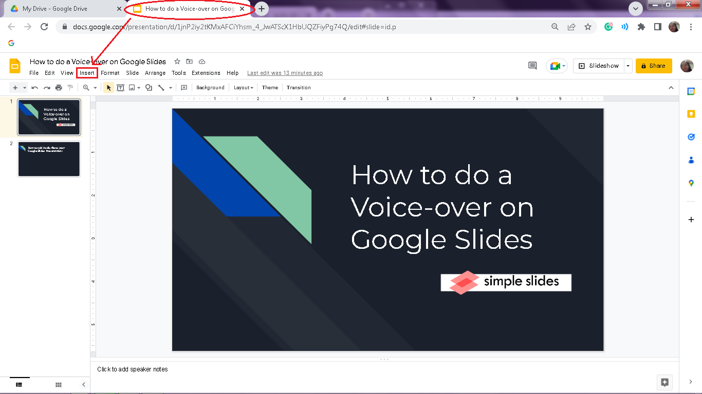 In your Google Slides, click the "Insert" tab.