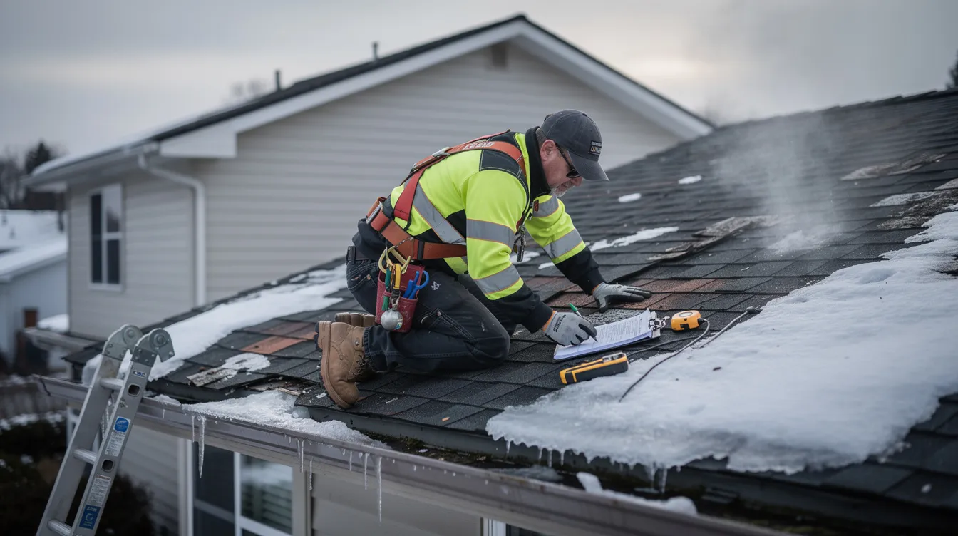 A professional roofer is inspecting a residential roof in northeast Ohio after winter snow, checking for signs of damage such as missing or damaged shingles, ice dams, and potential leaks. This thorough roof inspection aims to provide homeowners with peace of mind and clear recommendations for any necessary repairs before spring storms arrive.