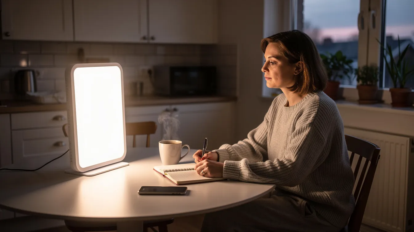 A person is sitting comfortably near a bright light therapy lamp as part of their morning routine, utilizing light exposure to help reset their circadian rhythm and improve sleep patterns. This practice aims to enhance their overall mental health and promote better sleep quality throughout the day.