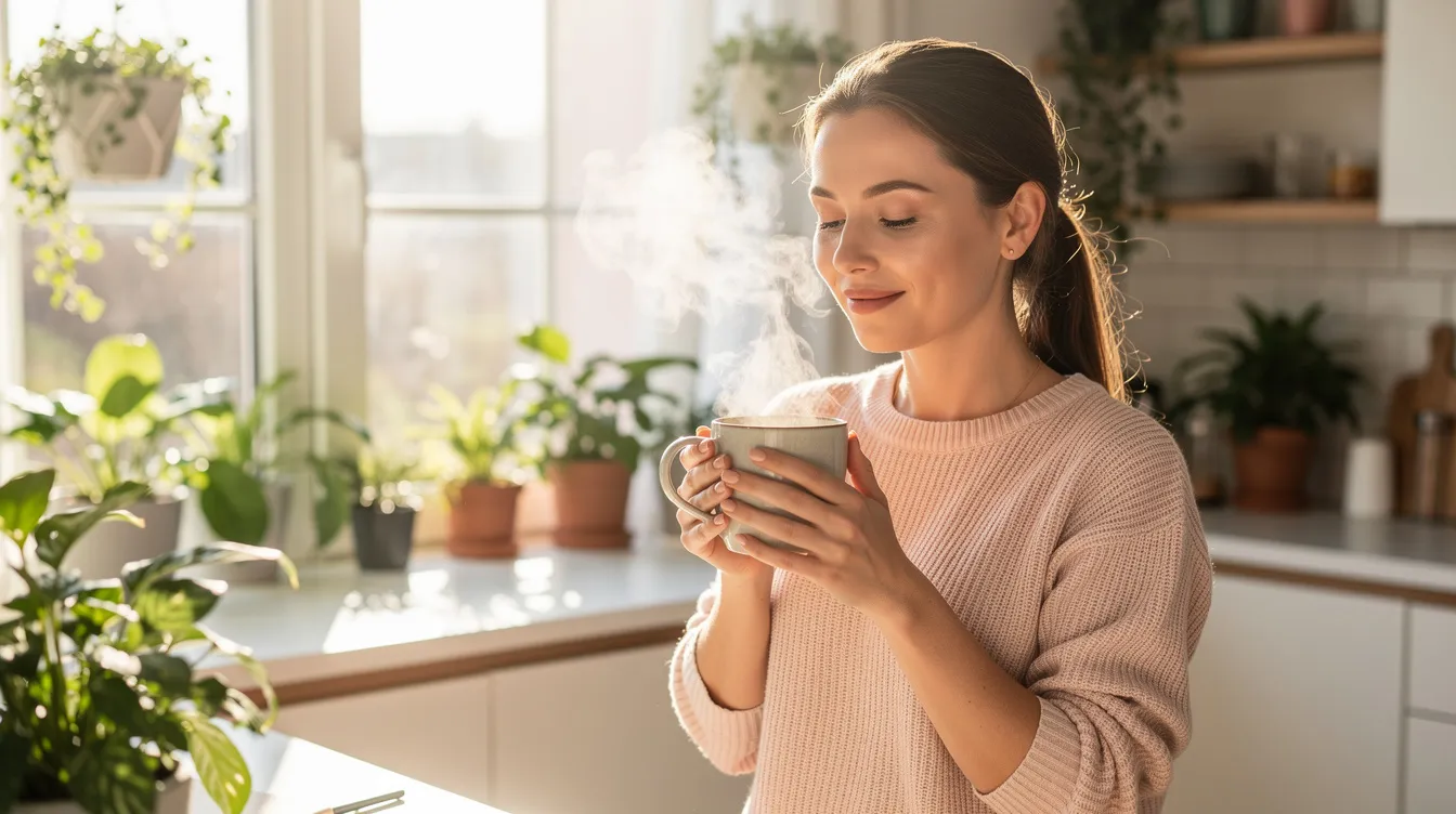The image depicts a woman enjoying a cup of herbal tea in a bright kitchen filled with lush green plants, creating a serene atmosphere that promotes overall wellness. This tranquil scene reflects a lifestyle that may support sexual health and vitality, potentially enhancing female libido and boosting blood flow for a fulfilling sex life.