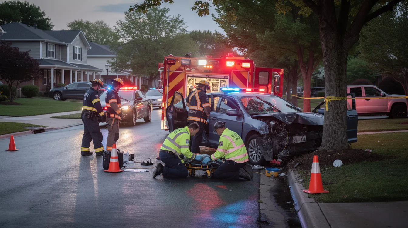 The image depicts emergency first responders and firefighters at the scene of a vehicle accident on a residential street in Texas, where a Tesla, allegedly operating in autopilot mode, was involved in a crash that resulted in the tragic death of an elderly woman. The Harris County Sheriff's Office is present as investigators begin their inquiry into the incident.