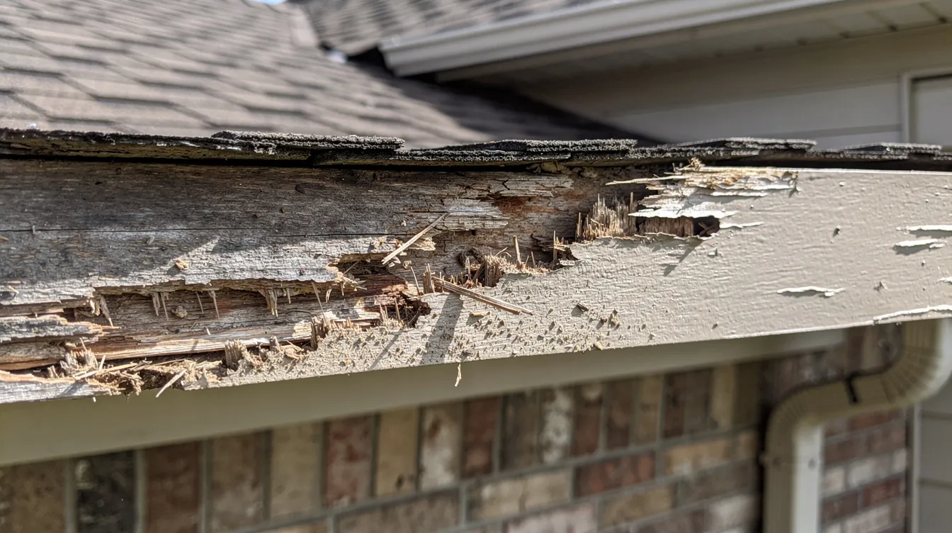The image shows a close-up of a damaged wooden soffit panel on a residential roofline, featuring visible chew marks likely made by squirrels. This damage can indicate a squirrel infestation, as adult squirrels, particularly female eastern grey squirrels, may create entry points for their young during breeding seasons.