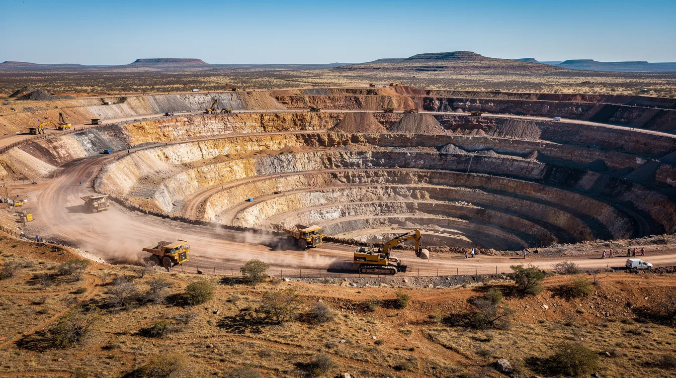 The image depicts an expansive open-pit mining operation in South Africa, showcasing heavy machinery at work amidst large exposed rock layers. This landscape is significant for the extraction of precious metals, such as gold, platinum, and palladium, which are influenced by market demand and historical data on their prices.
