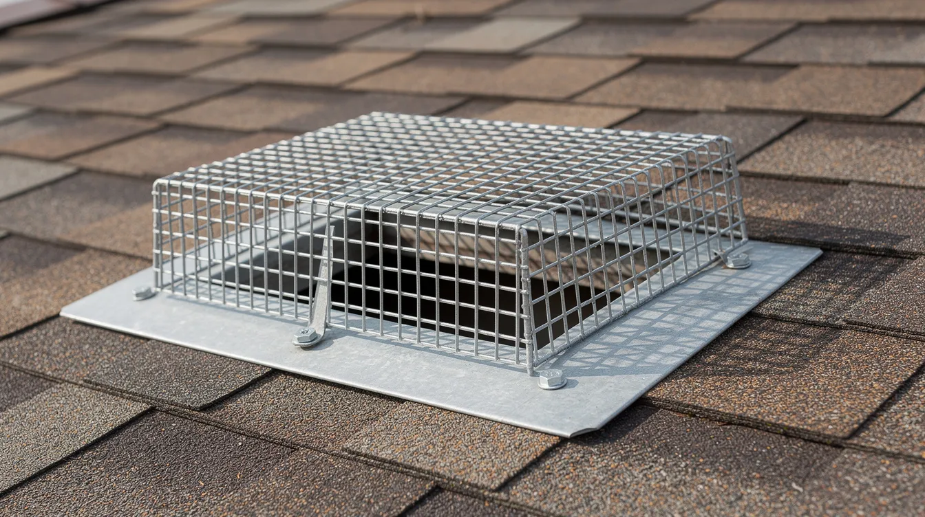 A close-up view of galvanized steel mesh securely fastened over a rectangular roof vent opening on a shingled residential roof, providing a barrier against wildlife problems like squirrels. This effective squirrel removal solution helps seal entry points to prevent damage and ensure humane exclusion of wild animals from the property.