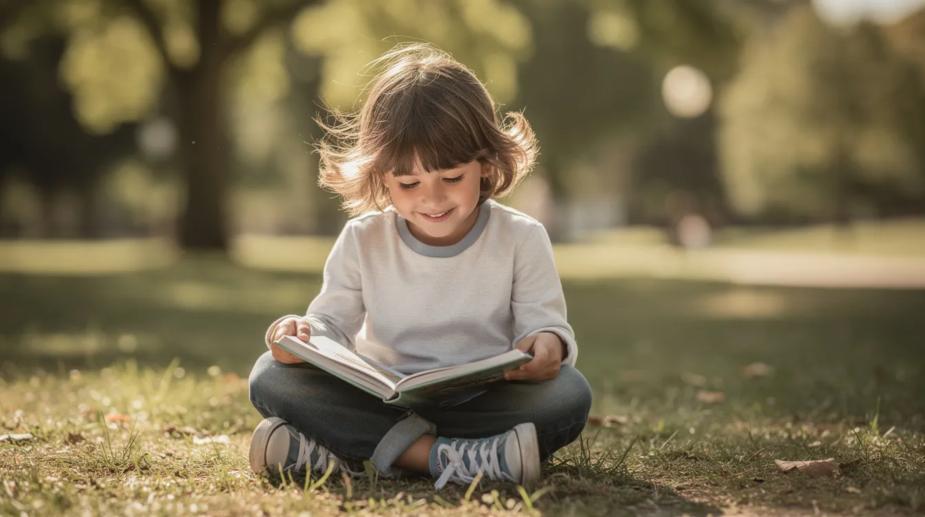 A child sits outdoors, deeply engaged in reading a book, with a relaxed and curious expression that reflects the joy of learning. This scene showcases the importance of active engagement in the learning process, as children develop critical thinking and problem-solving skills through exploration and discovery.