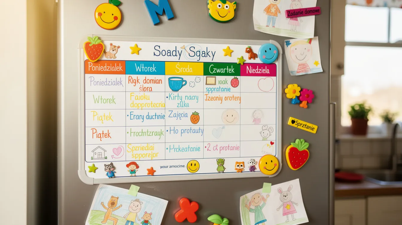 Na zdjęciu znajduje się kolorowy planer dnia dla dzieci, zawieszony na lodówce, ozdobiony magnesami i naklejkami. Planer przedstawia różne aktywności i obowiązki, pomagając dzieciom w organizacji całego tygodnia oraz rozwijaniu umiejętności samodzielności.