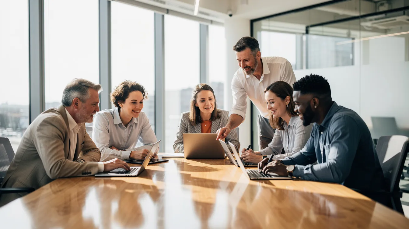 The image depicts a diverse group of professionals collaborating around a table in a modern office, each engaged with their laptops, reflecting teamwork essential for enhancing cybersecurity workforce readiness. This scene highlights the importance of evaluating skills proficiency and managing team skills to effectively address the cybersecurity skills gap.