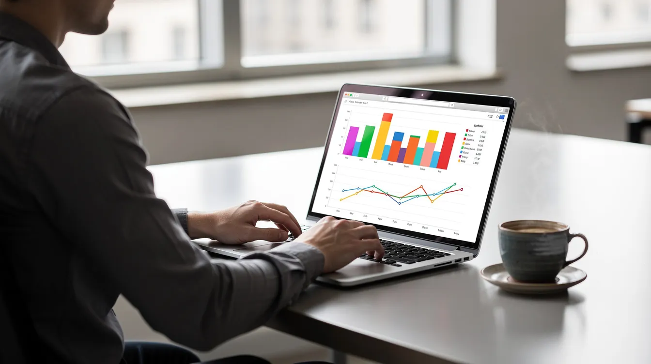 A person is sitting at a modern desk, working on a laptop that displays colorful charts and graphs, likely analyzing data from digital marketing campaigns. A coffee cup sits nearby, adding a casual touch to this focused workspace designed for effective digital marketing strategies.