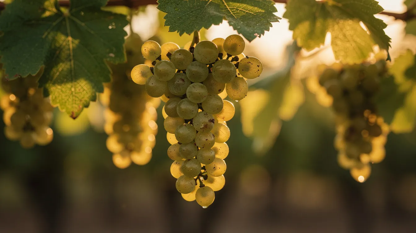 The image features a close-up of clusters of white grapes glistening in the warm afternoon light, hanging from lush green vines. This scene captures the essence of natural wines, highlighting the fresh and appealing grapes that are essential for making sparkling wine like pét nat, known for its refreshing bubbles and unique fermentation process.