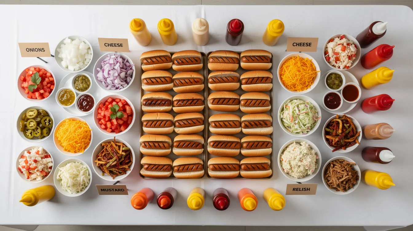 An overhead view of a vibrant hot dog bar buffet table showcases an array of colorful bowls filled with various hot dog toppings, including shredded cheese, pickled carrots, and chili, alongside neatly arranged hot dog buns and condiments like yellow mustard and ketchup. This ultimate hot dog bar is perfect for birthday parties or summer gatherings, offering a fun way for guests to create their own delicious hot dog combinations.