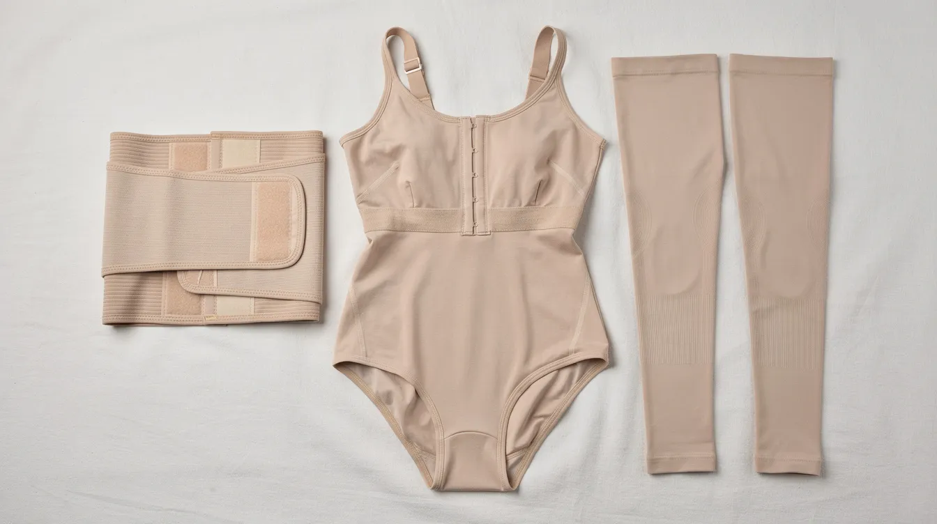 The image features several types of compression garments, including a bodysuit, abdominal binder, and leg garment, all neatly arranged on a clean surface. These post-surgical compression garments are designed to provide consistent pressure and support during the recovery process, helping to reduce swelling and promote optimal healing after body contouring procedures.