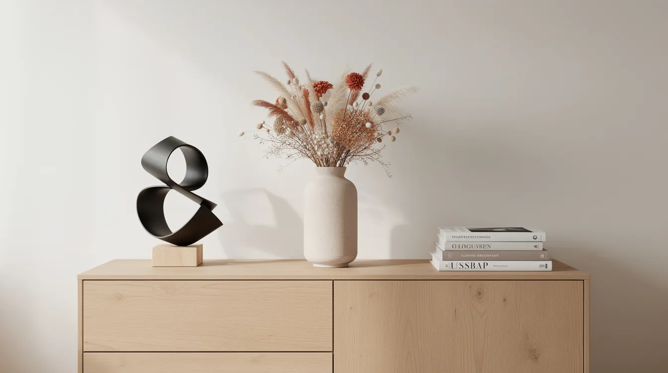 Het dressoir is stijlvol ingericht met een groot abstract beeld dat de aandacht trekt, een elegante vaas met droogbloemen en gestapelde boeken die een unieke sfeer creëren. De combinatie van deze elementen voegt karakter en visuele balans toe aan het moderne interieur.