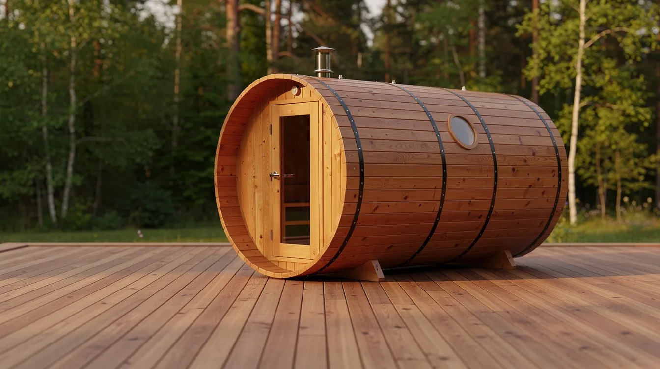 An outdoor cedar barrel sauna, crafted from western red cedar, is situated on a wooden deck surrounded by lush trees, providing a serene environment for relaxation. This classic barrel design features a sauna door and is perfect for enjoying a rejuvenating sauna session in the comfort of your backyard.