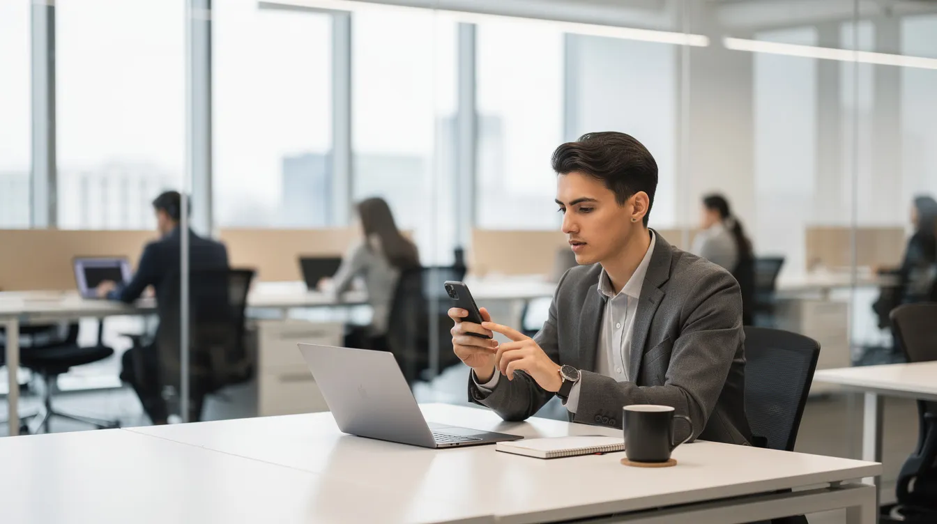 A person is focused on using a mobile phone in a modern open-plan office, surrounded by colleagues engaged in various tasks. This setting highlights the importance of cybersecurity awareness training, as employees must stay vigilant against cyber threats and data breaches while handling sensitive information.