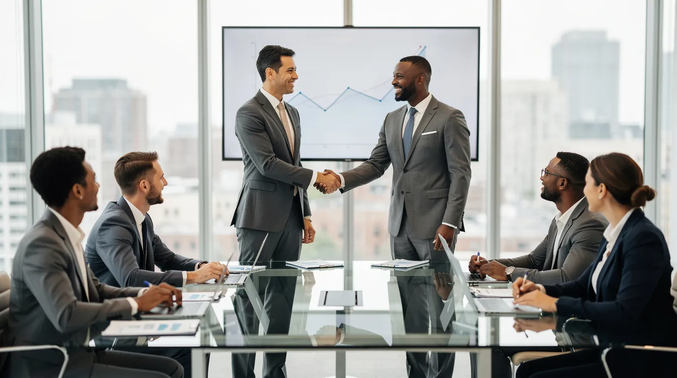 The image depicts business professionals shaking hands in a corporate meeting setting, symbolizing collaboration and agreement on potential investments, possibly involving venture capital funds and emerging companies. This scene highlights the importance of legal expertise and teamwork among startup founders and venture capital investors in navigating the complexities of financing and business growth.