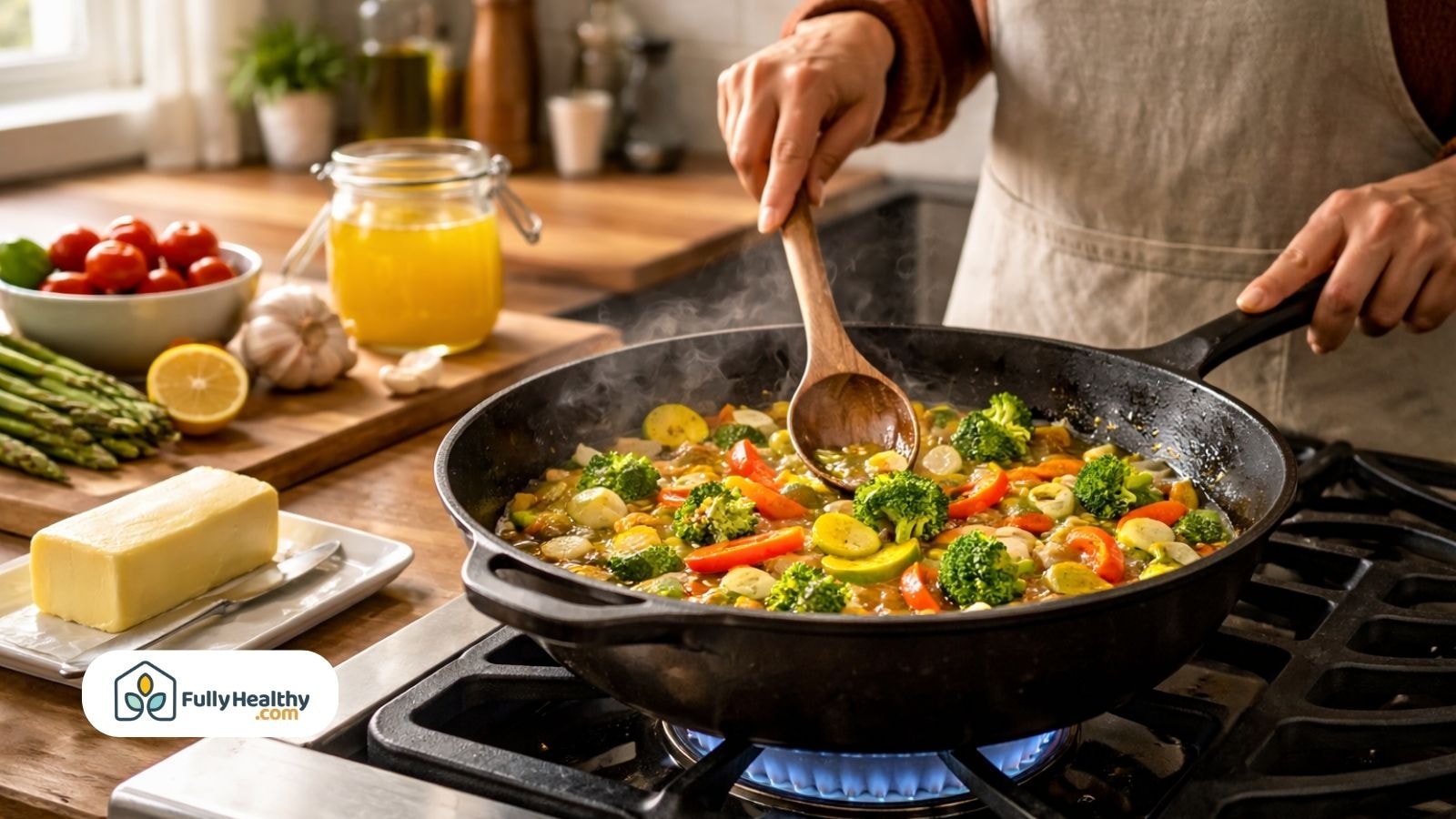 Cooking vegetables in skillet with ghee and butter