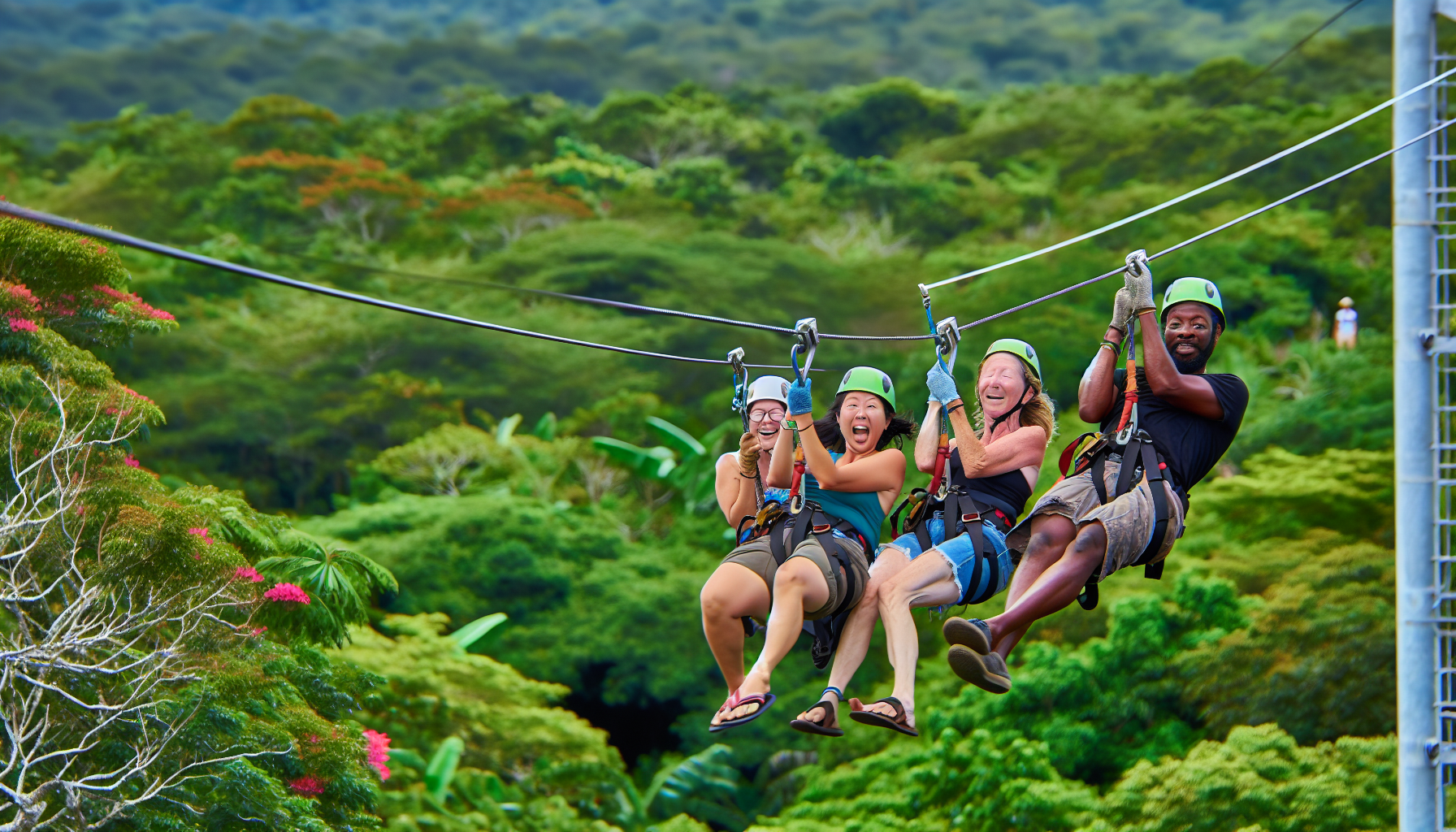 Adventurous travelers enjoying ziplining amidst the lush greenery of Papagayo