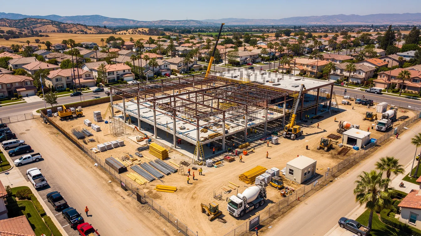 An aerial view of a sprawling commercial construction site in suburban Southern California shows various workers and equipment actively engaged in the building process. The scene highlights the complexity of managing contracts and ensuring compliance with prevailing wage requirements, which are essential for the project's success and to avoid potential risks such as cost overruns and project delays.