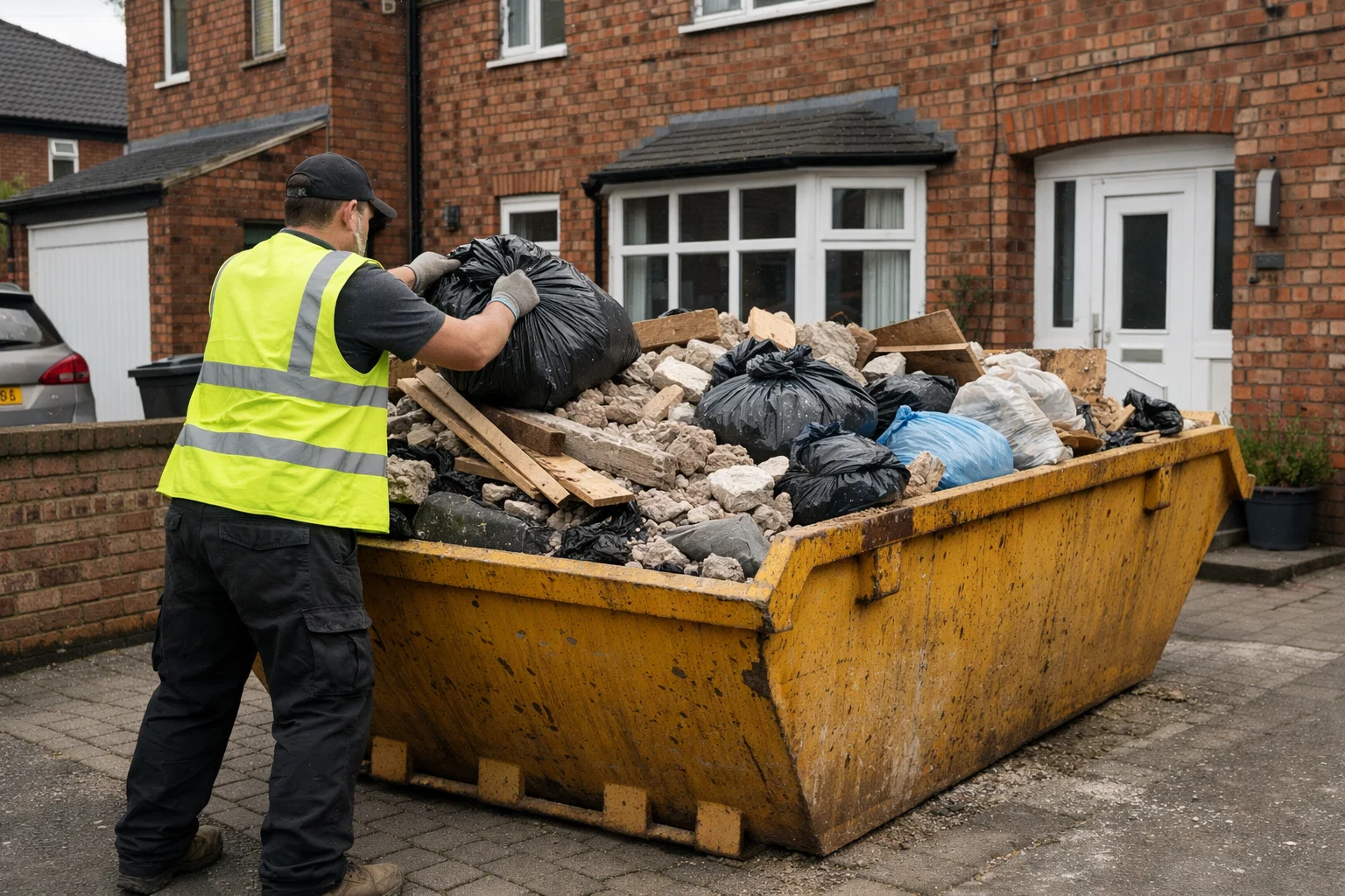 Builder’s skip on a Manchester driveway filled with renovation waste as an alternative to council collection.