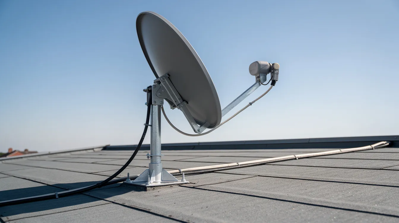 A satellite dish is securely mounted on a rooftop, showcasing proper alignment brackets against a clear blue sky, ensuring optimal signal quality for uninterrupted viewing. This setup highlights the professional DSTV installation services provided by accredited DSTV installers.