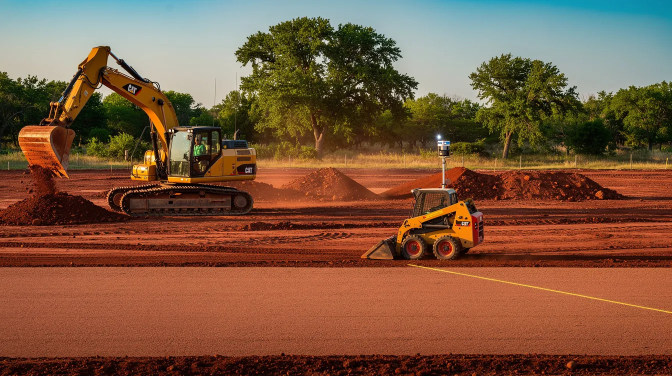 A high-resolution image depicts a modern yellow track excavator and a laser-guided skid steer working together to clear red dirt on an open construction site in Oklahoma City. The clear blue sky and soft sunlight illuminate the freshly graded ground, showcasing clean dirt mounds and mature trees in the background, highlighting the precision and efficiency of excavation services in the region.