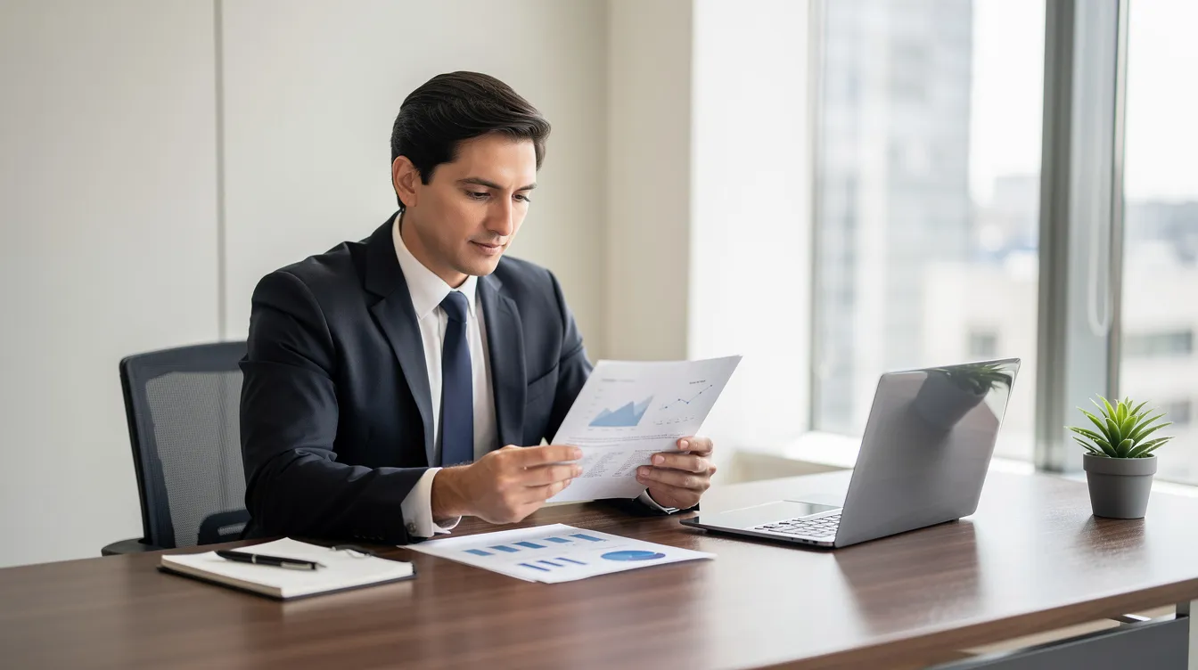 A professional in formal attire is reviewing financial documents at a desk with a laptop in a well-lit office, focusing on key budget proposals and project financials related to a cancer hospital project report. The setting suggests a thorough analysis of the healthcare delivery industry and investment opportunities in the Indian healthcare sector.
